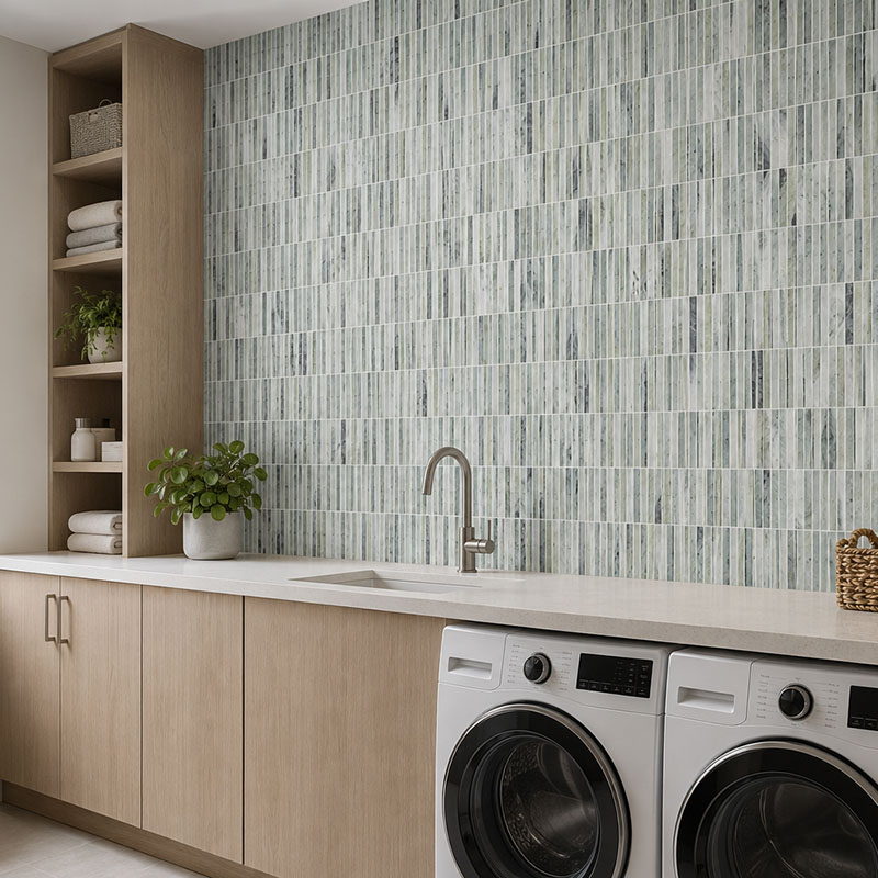 Green vertical marble mosaic backsplash in a modern laundry room with wood cabinetry