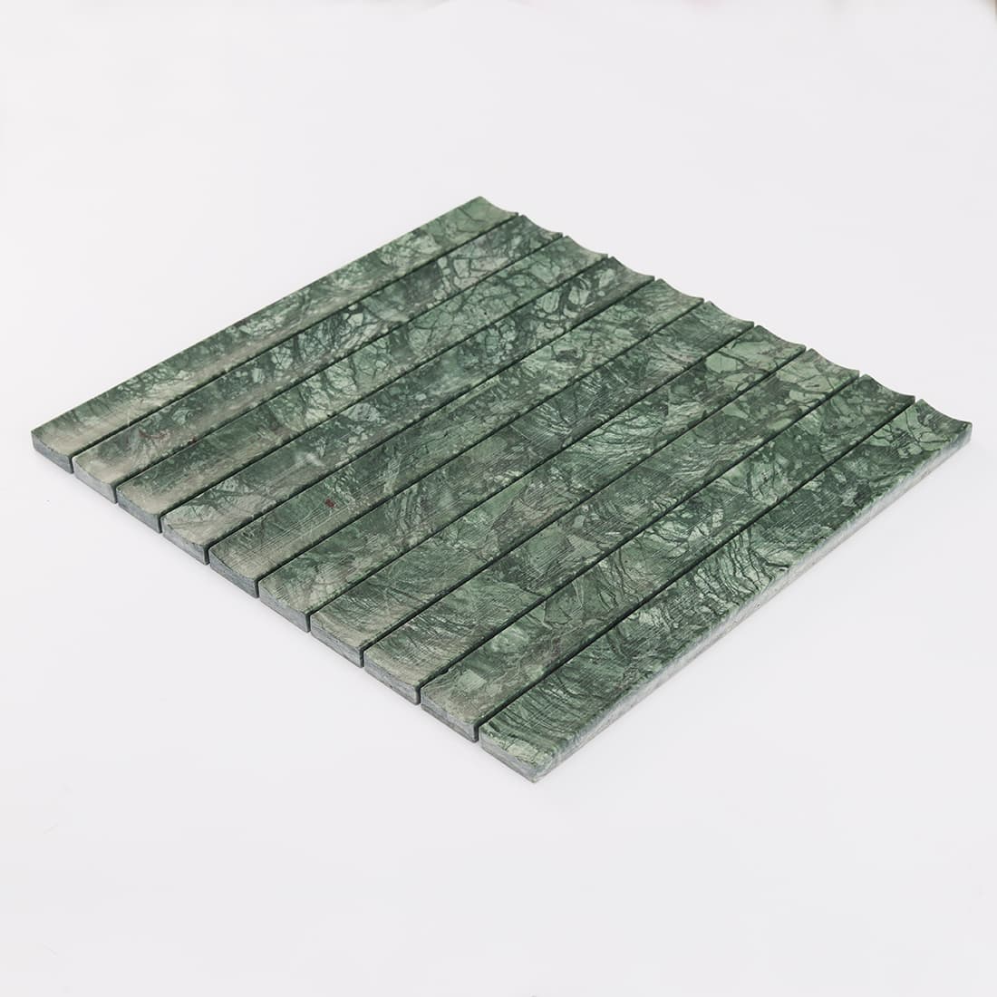Perspective view of green marble strip mosaic tile sheet on white background