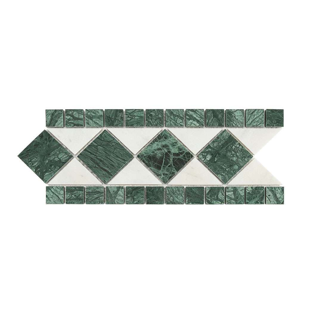 Front view of green marble and white triangle mosaic border tile