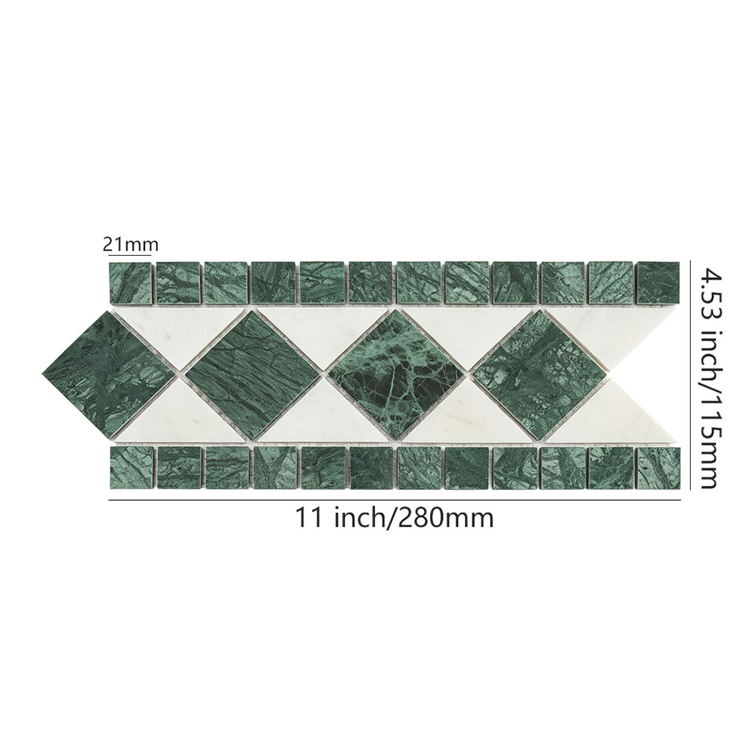 Green marble and white triangle mosaic border tile with size details