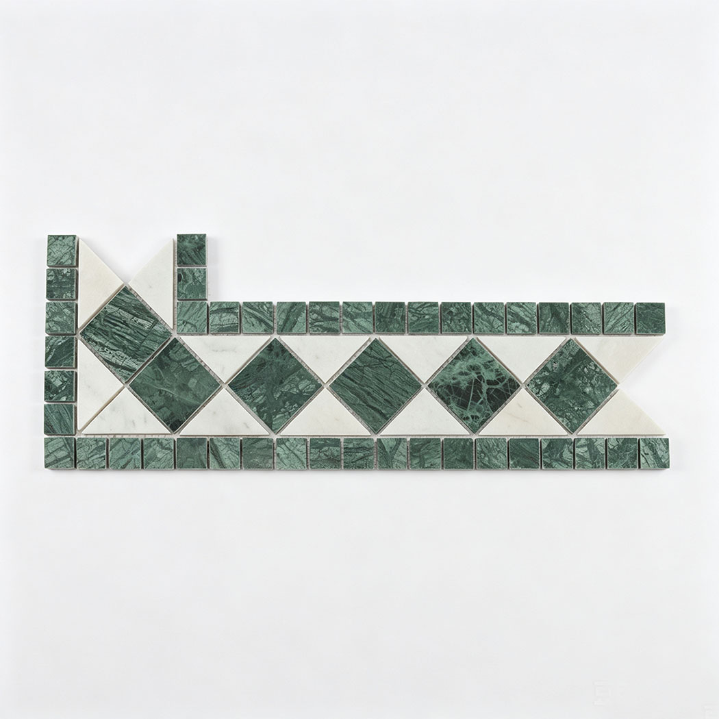 Green marble and white triangle geometric mosaic border tile