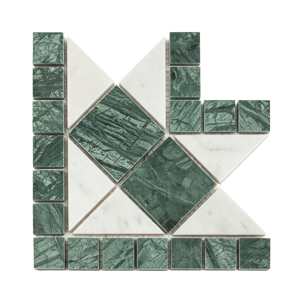 Green marble and white triangle geometric mosaic corner tile
