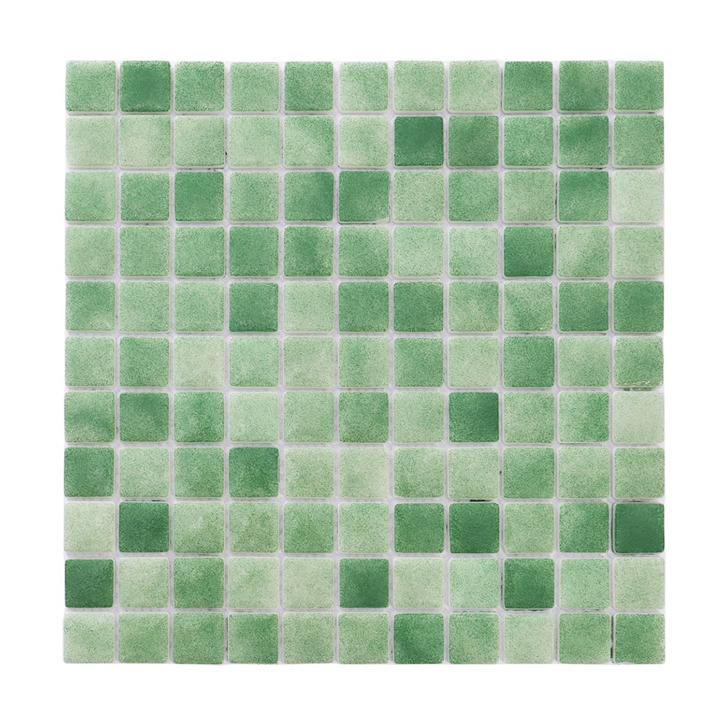 Front view of green recycled glass mosaic tile sheet.