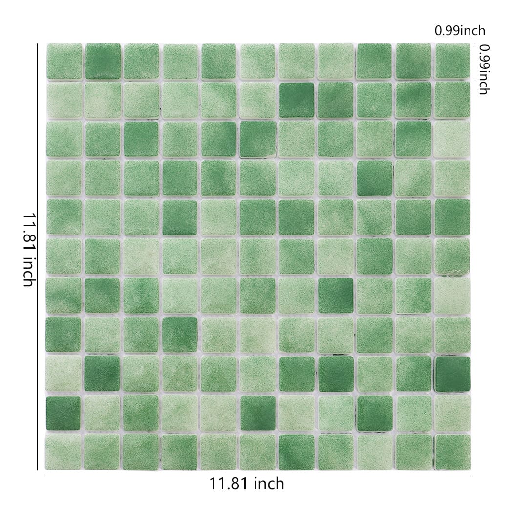 Green recycled glass mosaic tile sheet with size measurements.