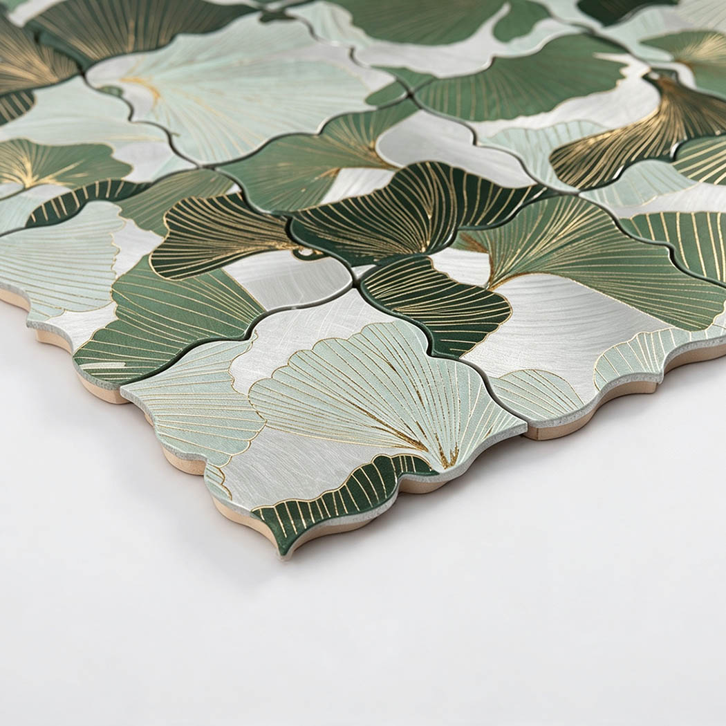 Angled close-up of green and silver floral aluminum mosaic tile with engraved petals