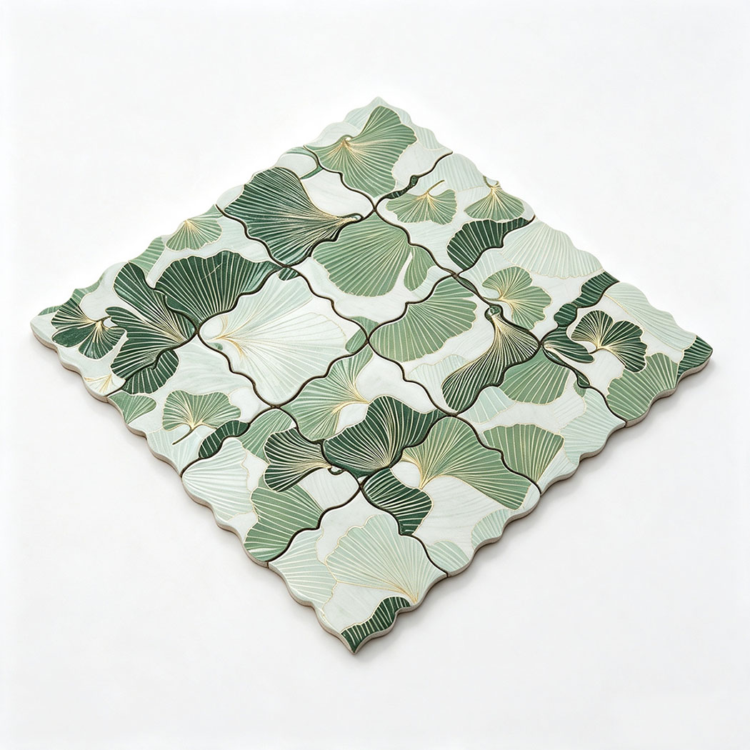 Angled view of green and silver floral aluminum mosaic tile sheet