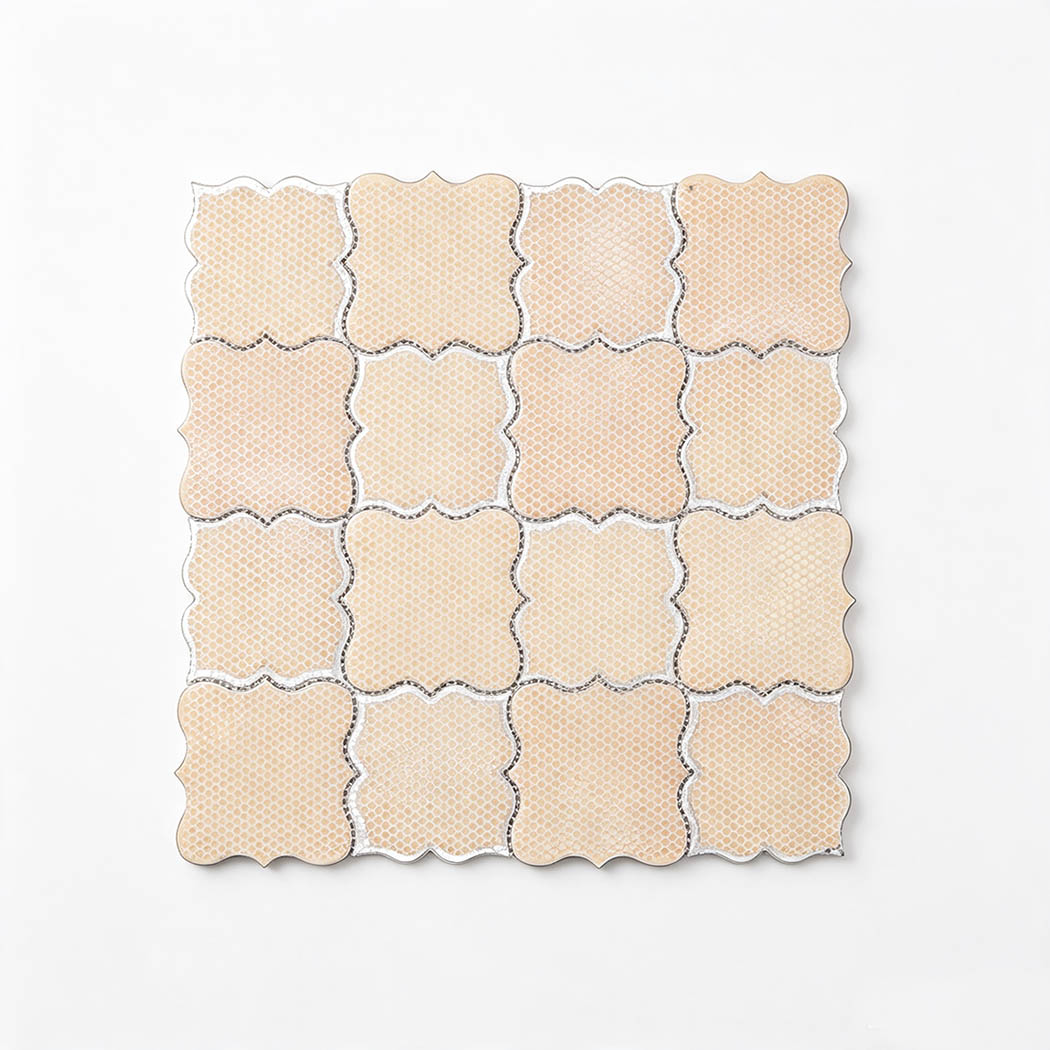 Back view of green and silver floral aluminum mosaic tile sheet with mesh backing