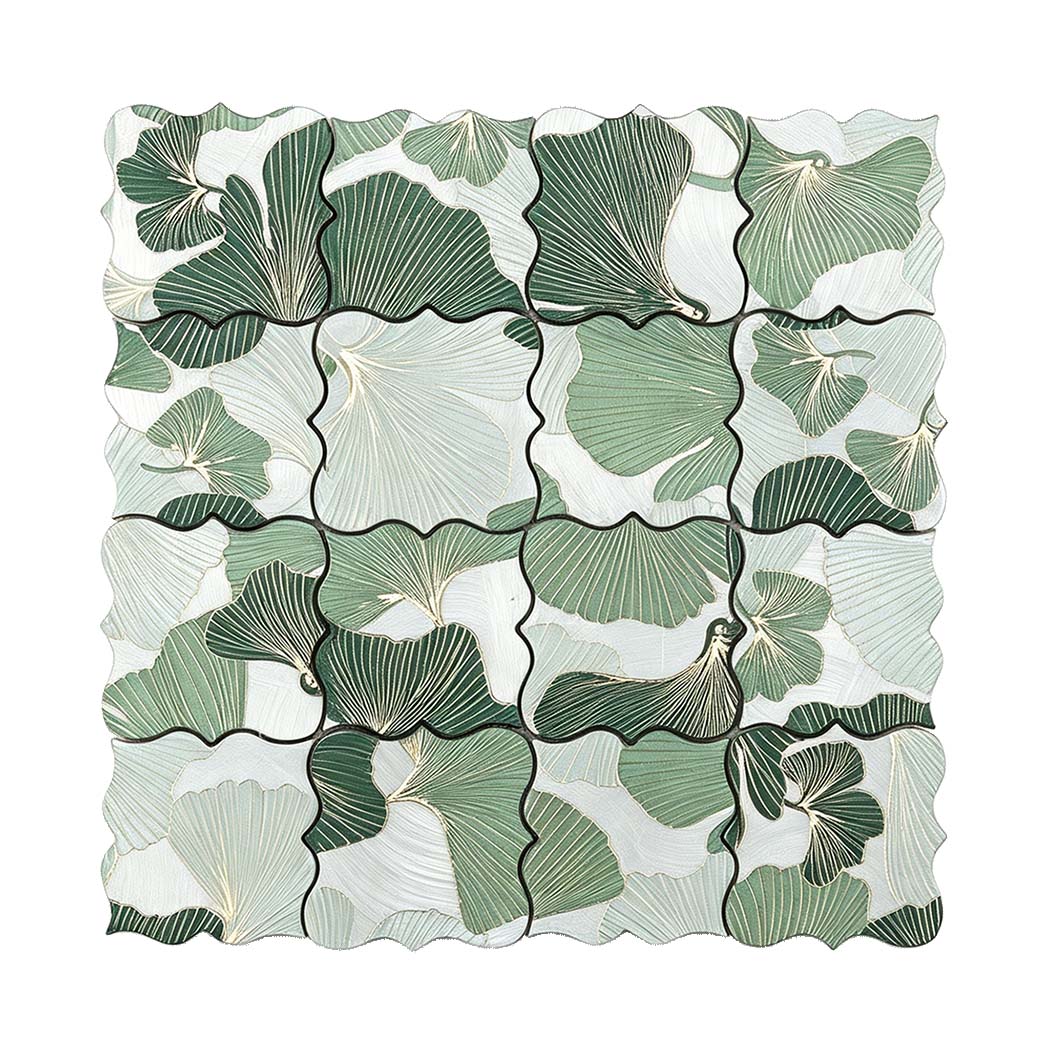 Green and silver floral aluminum mosaic tile sheet on a white background