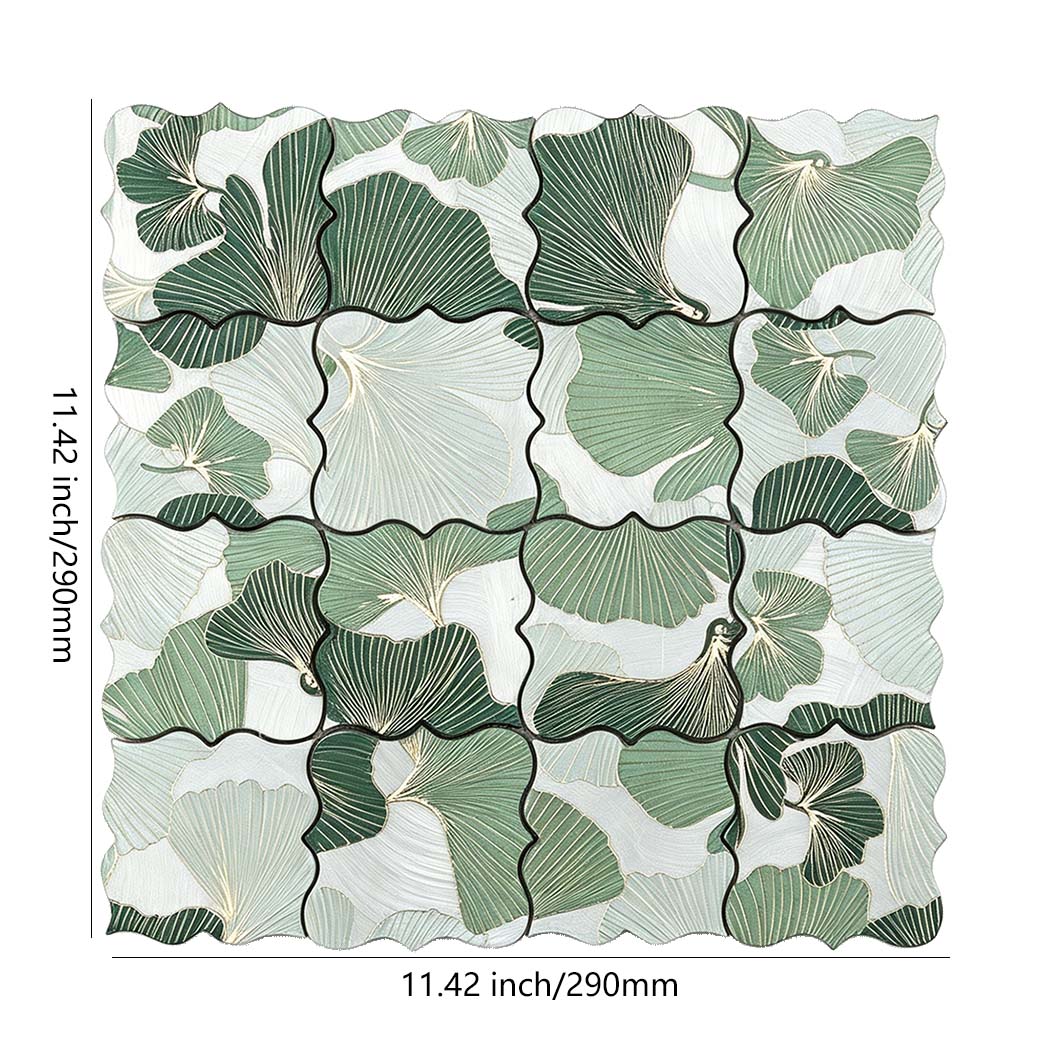 Green and silver floral aluminum mosaic tile sheet with size details