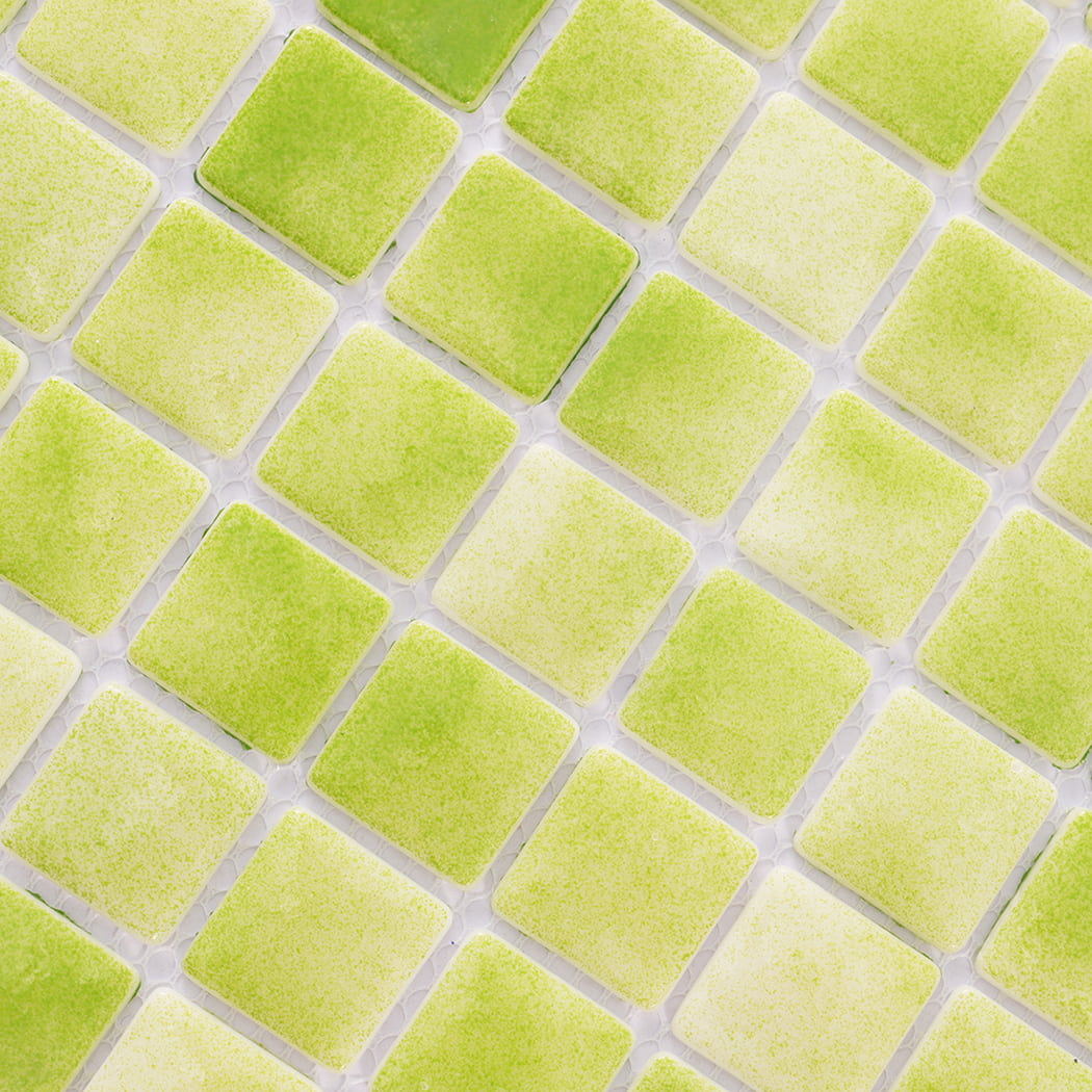 Detailed close up of green recycled glass square mosaic tiles