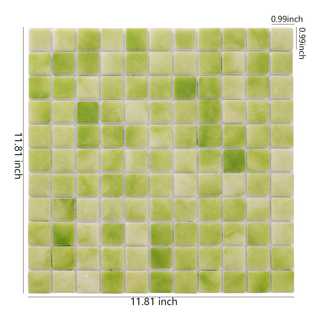 Green recycled glass square mosaic tile sheet with size measurements