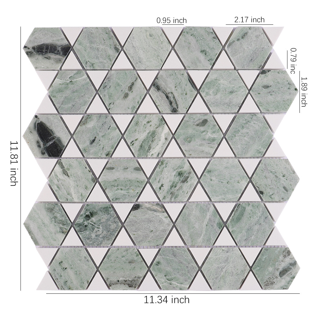 Green triangle marble mosaic tile sheet with size measurements shown