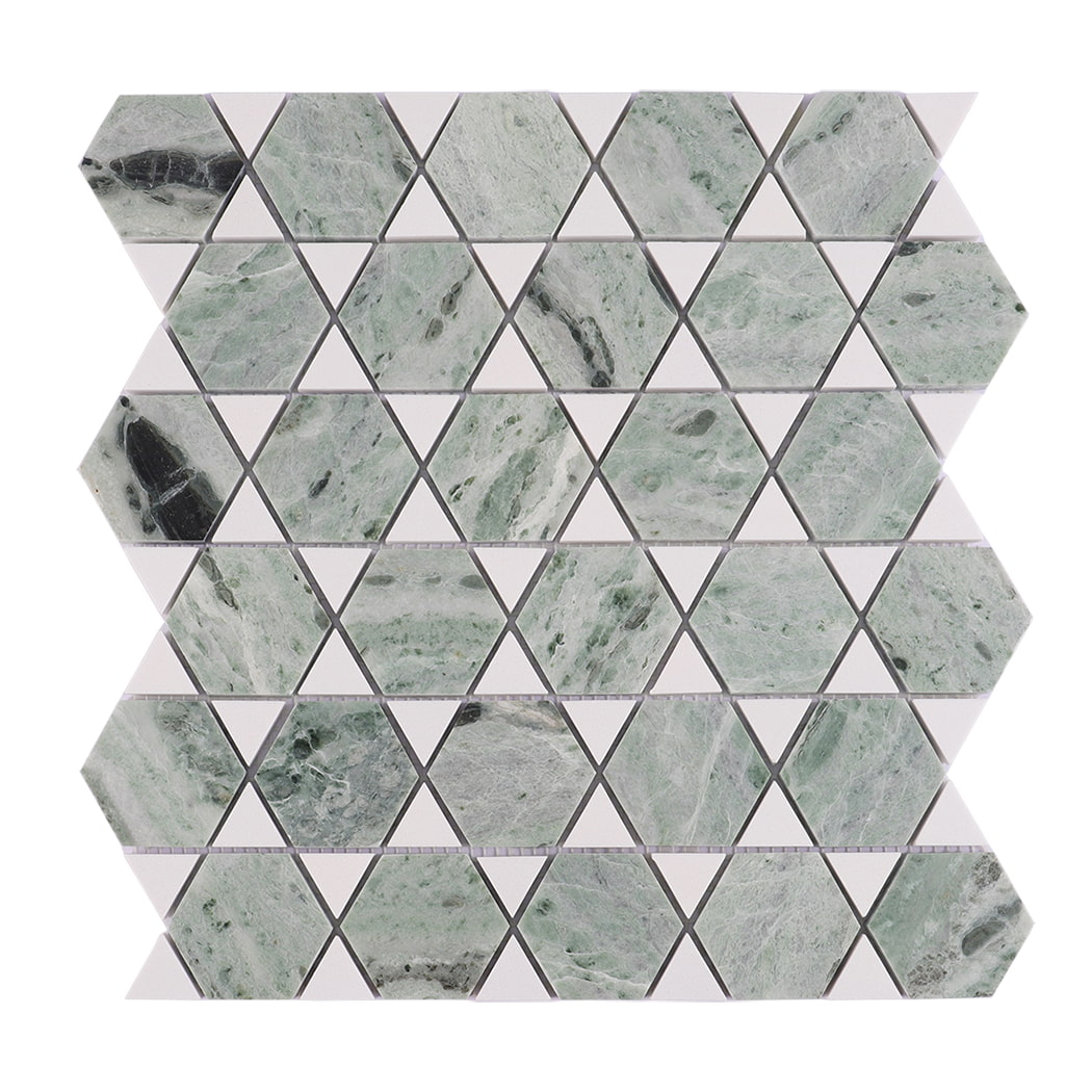 Front view of green marble mosaic tile with geometric triangle pattern