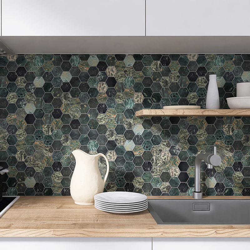 Contemporary kitchen with a chic green and black hexagonal mosaic backsplash