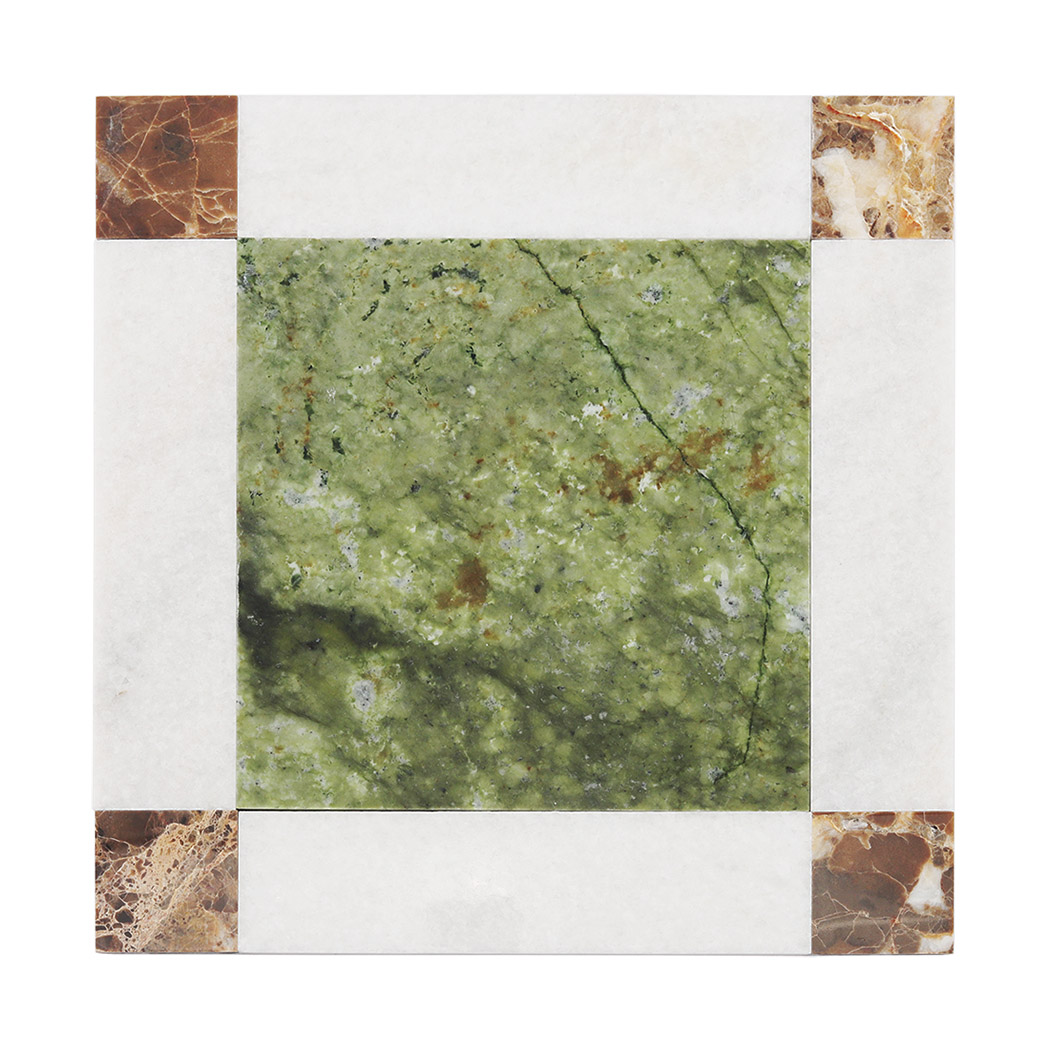 Front view of green and white marble border mosaic tile with brown corner accents