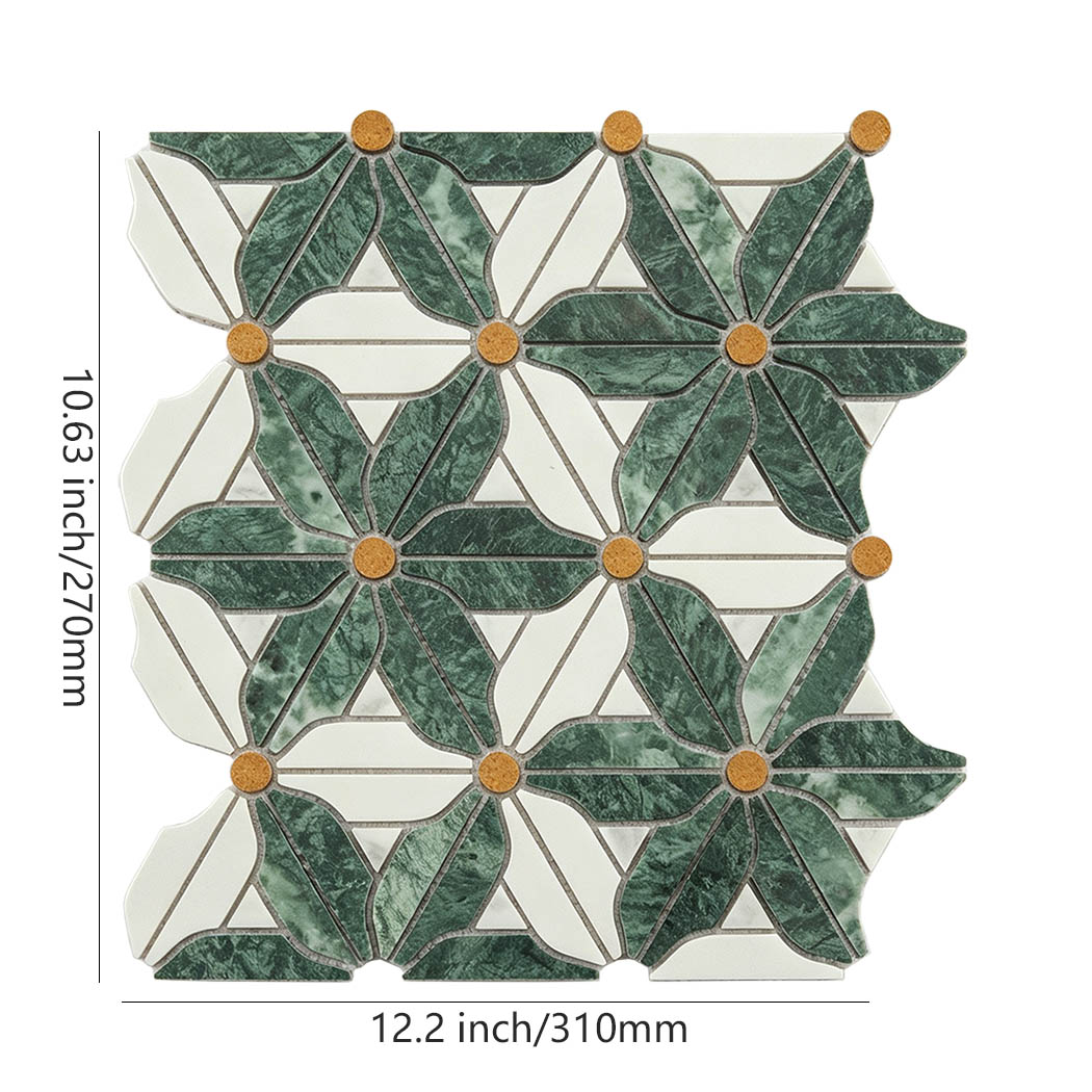 Green and white marble floral mosaic tile with golden round accents in 310mm dimensions
