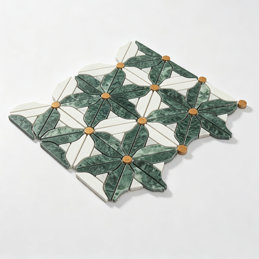 Green and white marble floral mosaic tile sample with repeating flower pattern