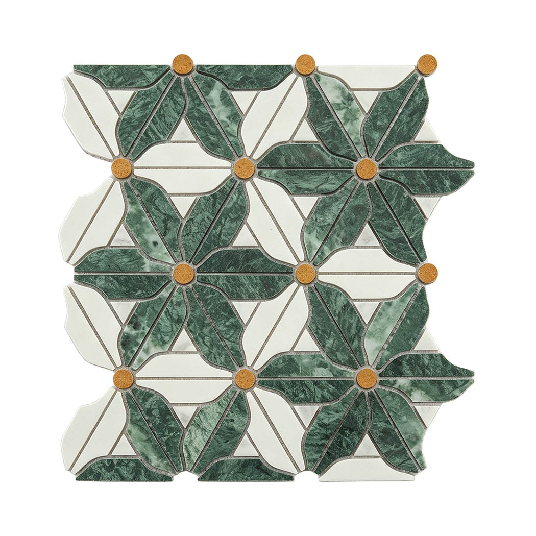 Green and white marble floral mosaic tile with golden circular accents