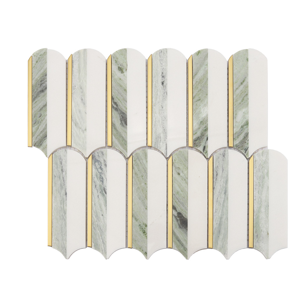 Full sheet of green and white arch marble mosaic tile with slim gold lines