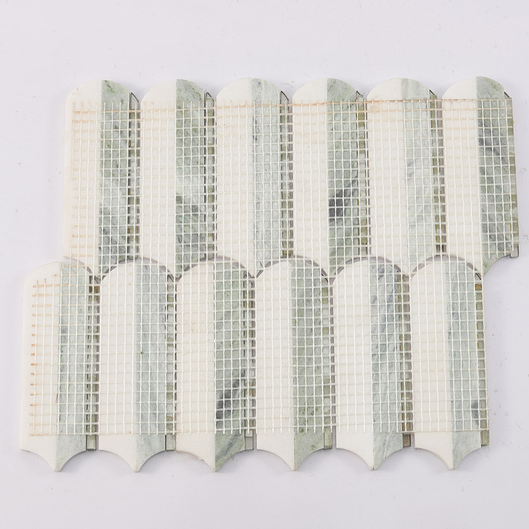 Back view of green and white arch marble mosaic tile with mesh backing