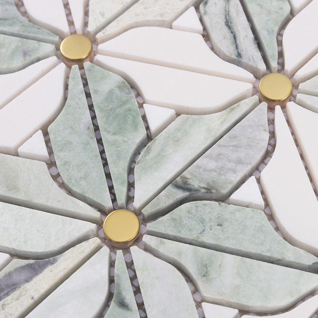 Raised green and white daisy marble mosaic tile with natural stone veining
