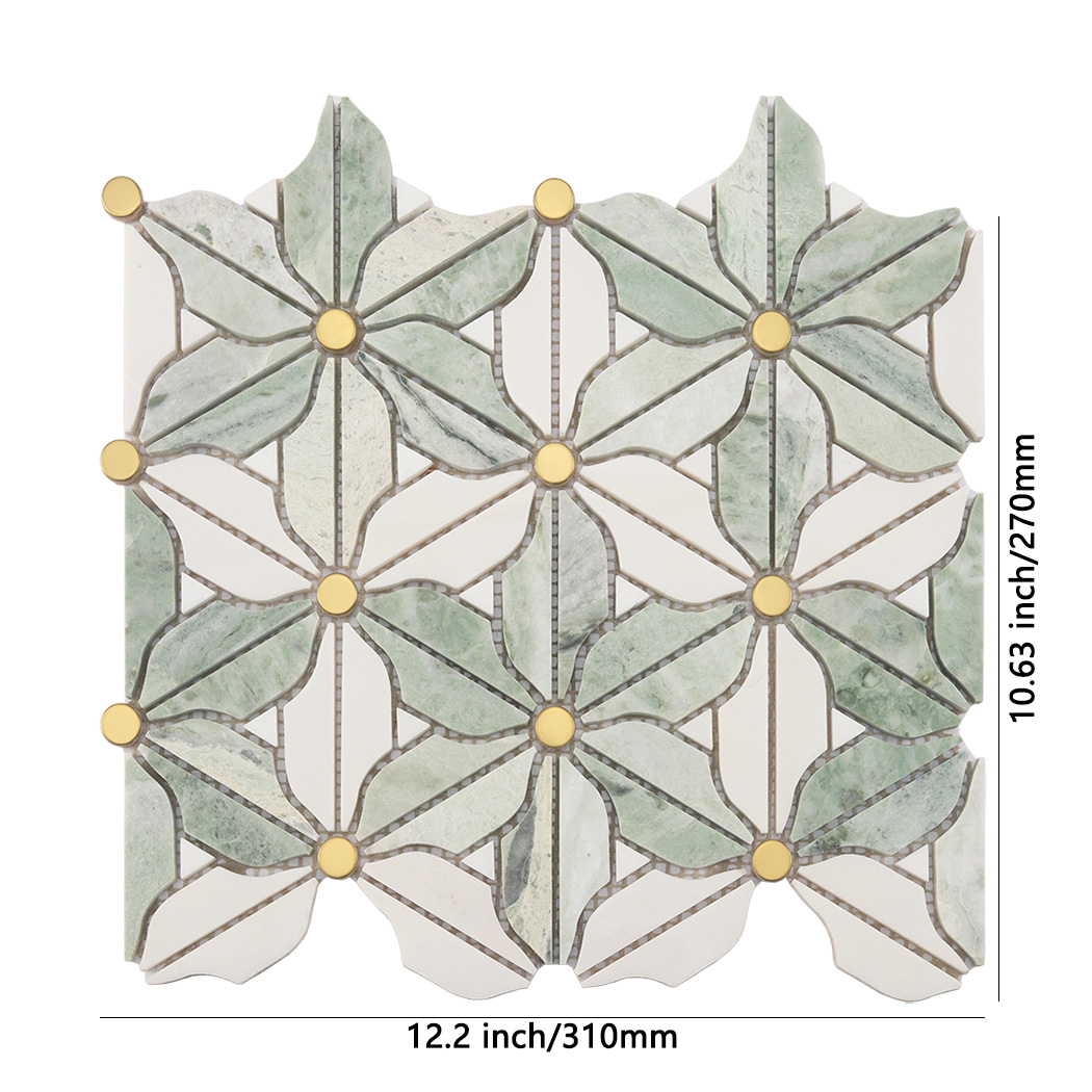 Green and white daisy marble mosaic tile with gold stainless steel dots