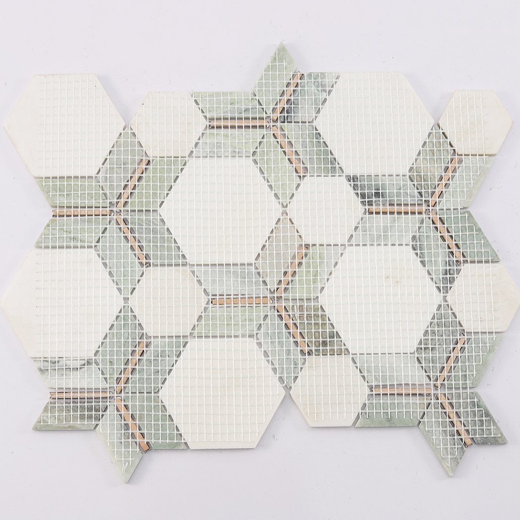 Back view of green and white hexagon marble mosaic tile with mesh backing