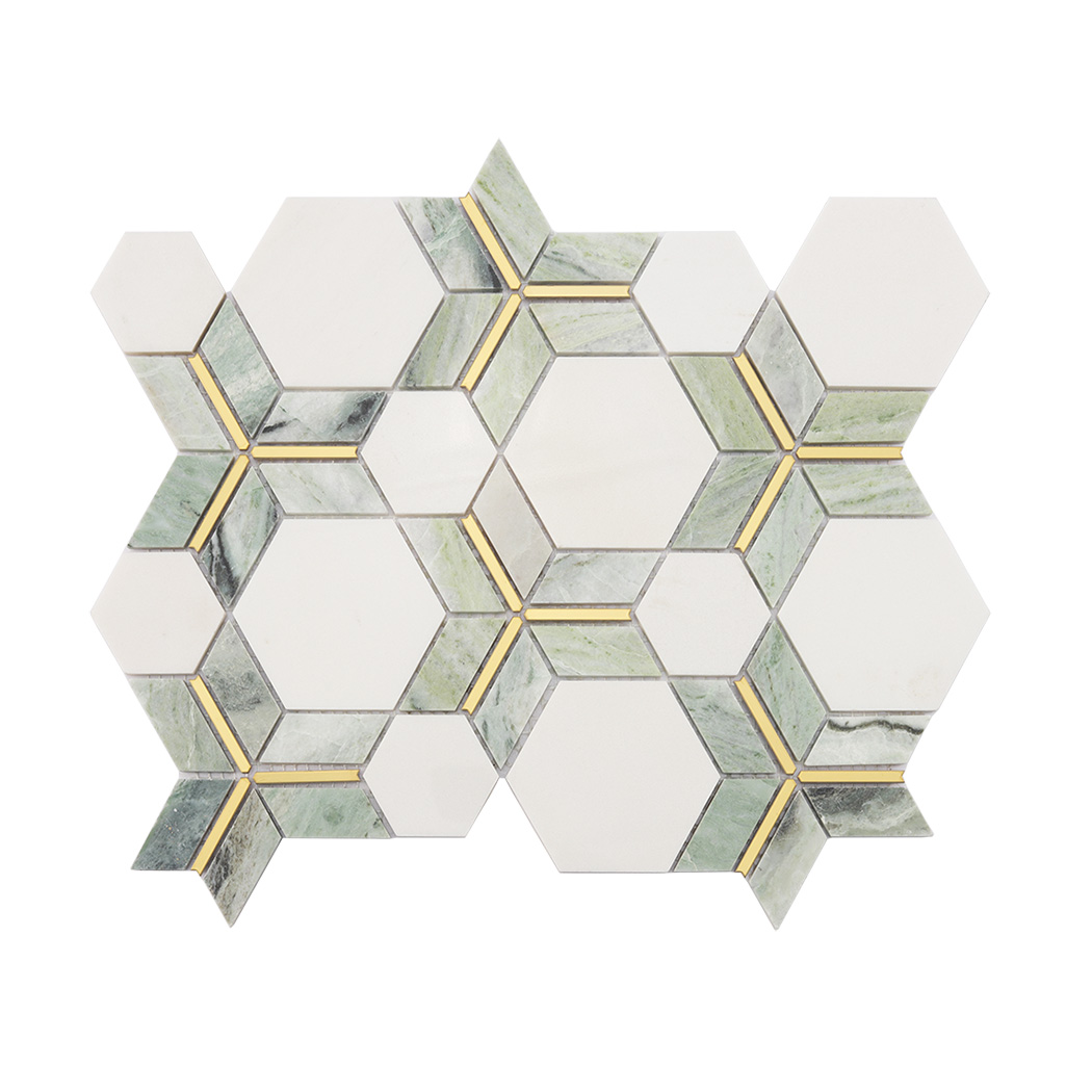 Full sheet of green and white marble hexagon mosaic tile with gold metal lines