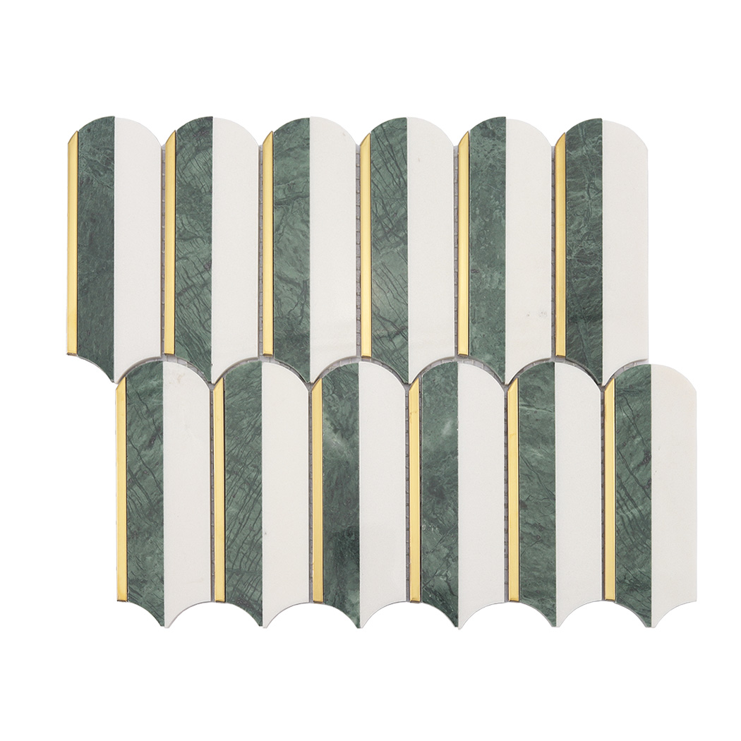 Front view of scalloped green and white marble mosaic tile sheet with thin gold metal strips.