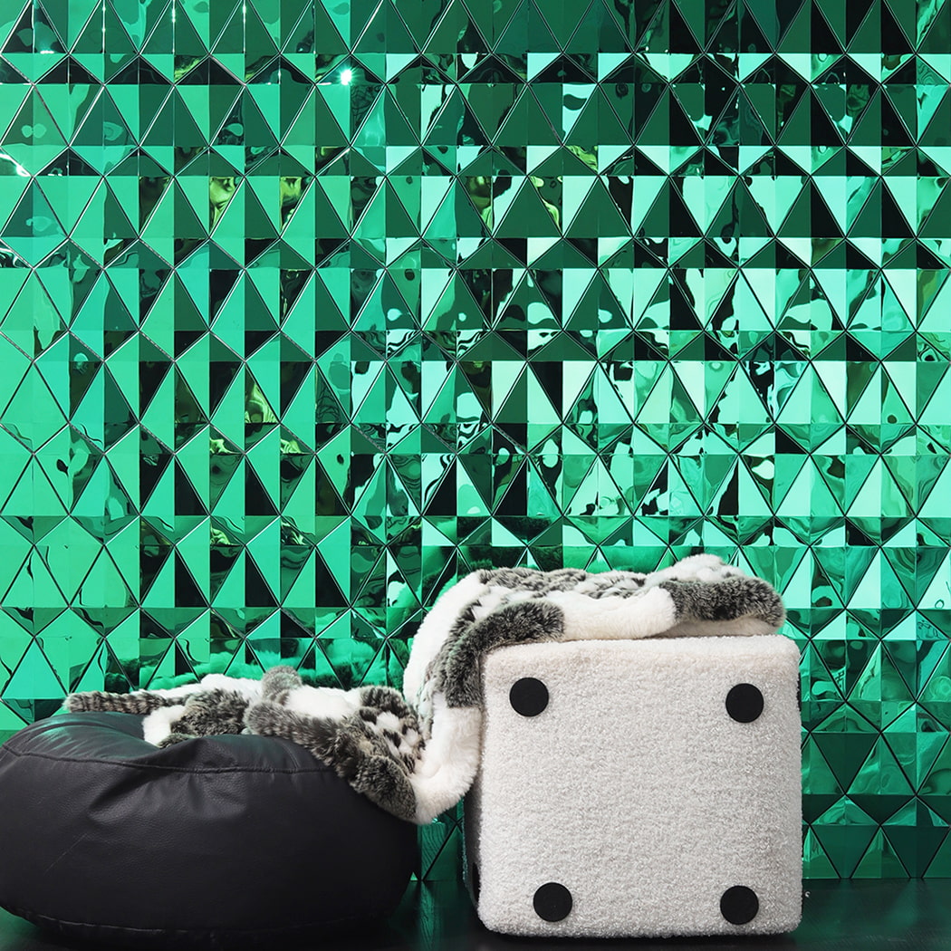 Interior decor scene featuring green 3D diamond mirror stainless steel mosaic tile wall