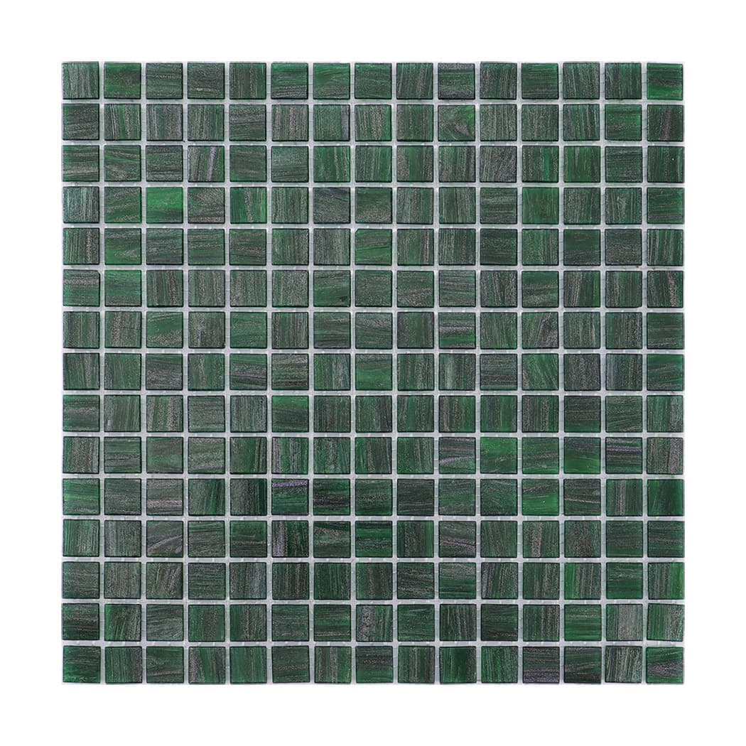 Full front view of green glass mosaic tile with smooth glossy surface