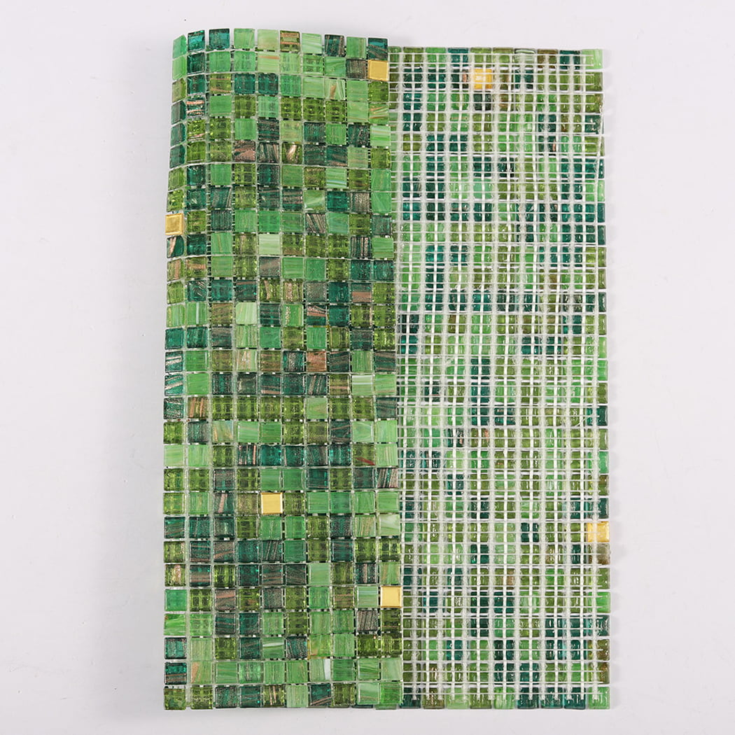 Back view of green glass mosaic tile sheet showing white mesh backing