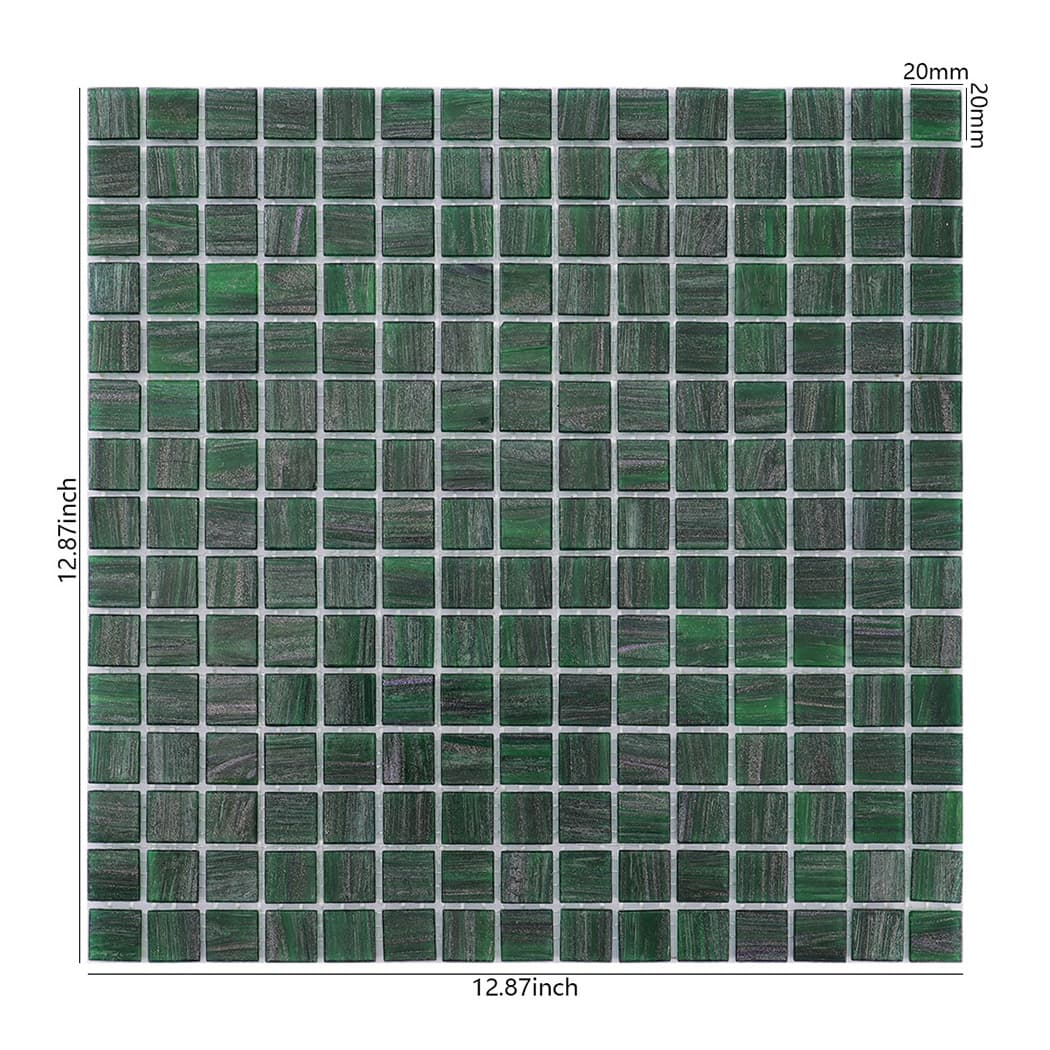 Green glass mosaic tile sheet showing size