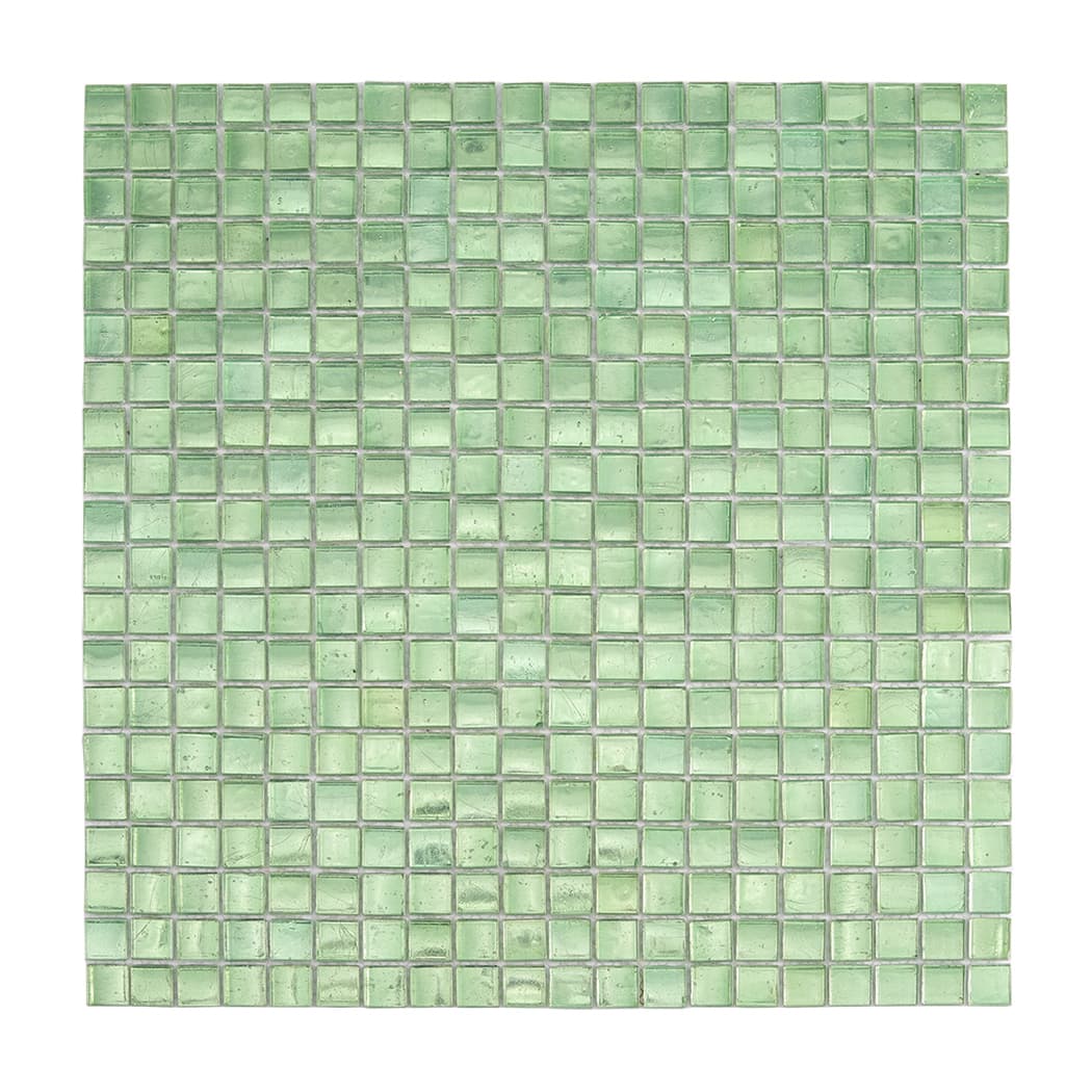 Full front view of green glass square mosaic tile sheet on white background