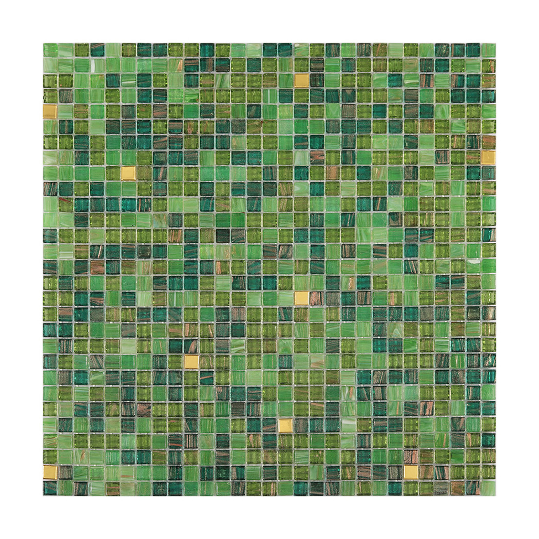 Front view of green mixed glass mosaic tile sheet with small square pieces