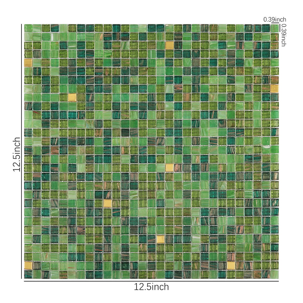 Green glass mosaic tile sheet with size measurements, 12.5 x 12.5 inches