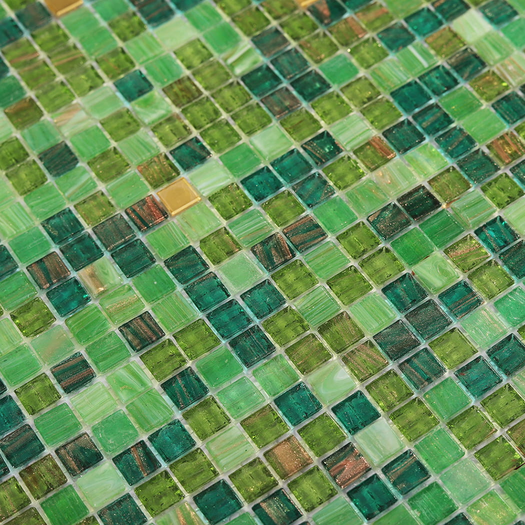 Detailed close up of green glass mosaic pattern with small square tiles