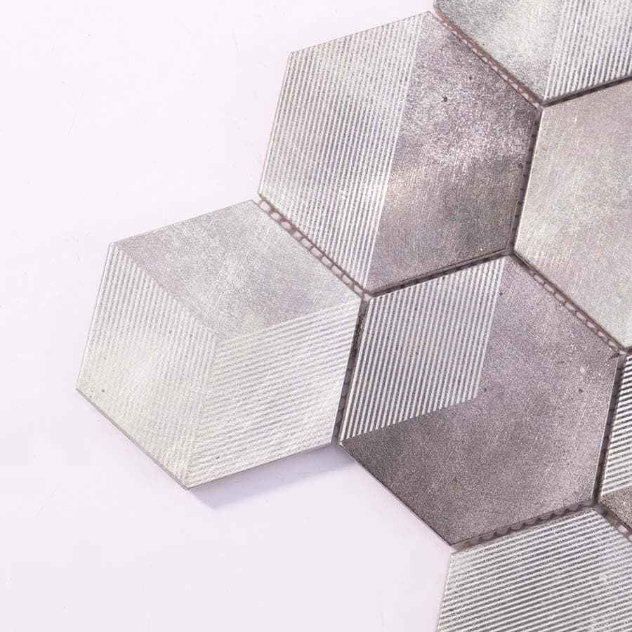 Close-up of textured grey hexagon aluminum mosaic tile