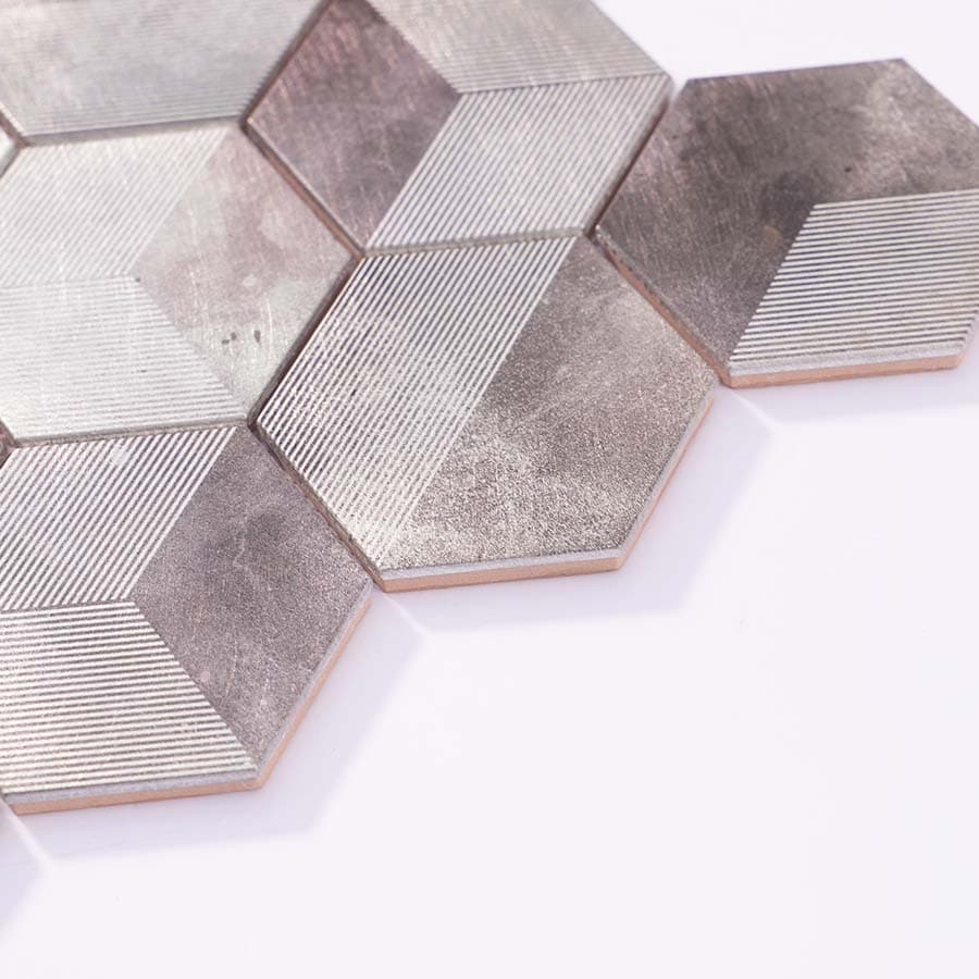 Edge detail of grey hexagon aluminum mosaic tile sheet