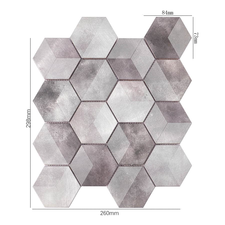 Grey hexagon aluminum mosaic tile with geometric pattern and size measurements