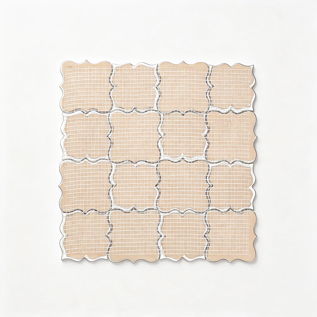 Back view of grey and silver floral aluminum mosaic tile sheet with mesh backing