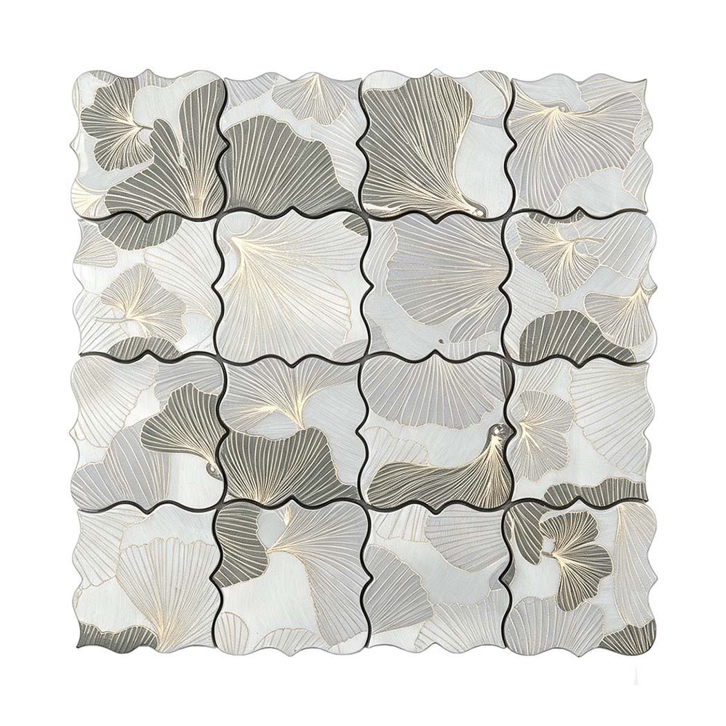 Grey and silver floral aluminum mosaic tile sheet on a white background