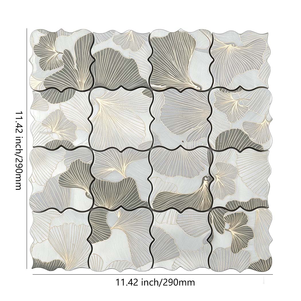Grey and silver floral aluminum mosaic tile sheet with size details