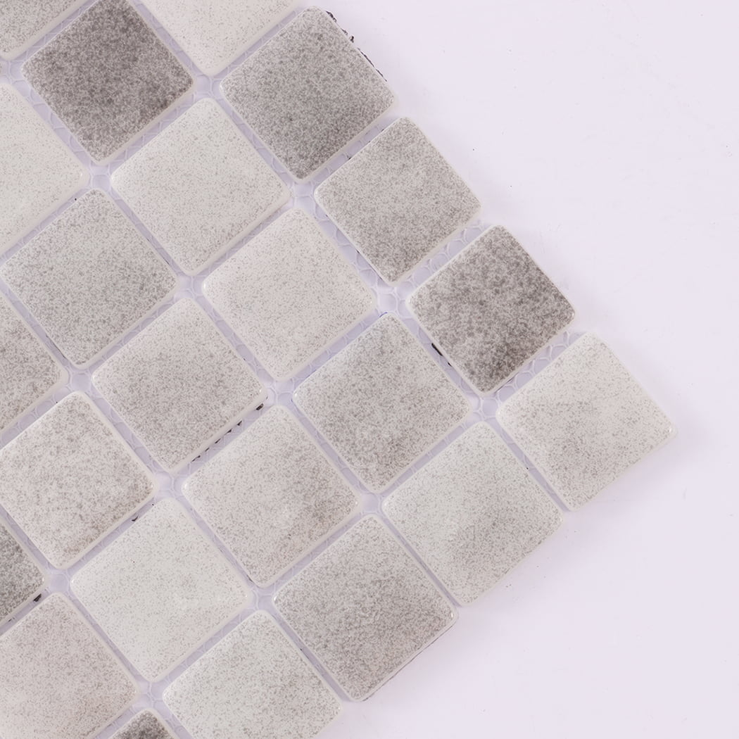 Close up of grey recycled glass mosaic tile corner details