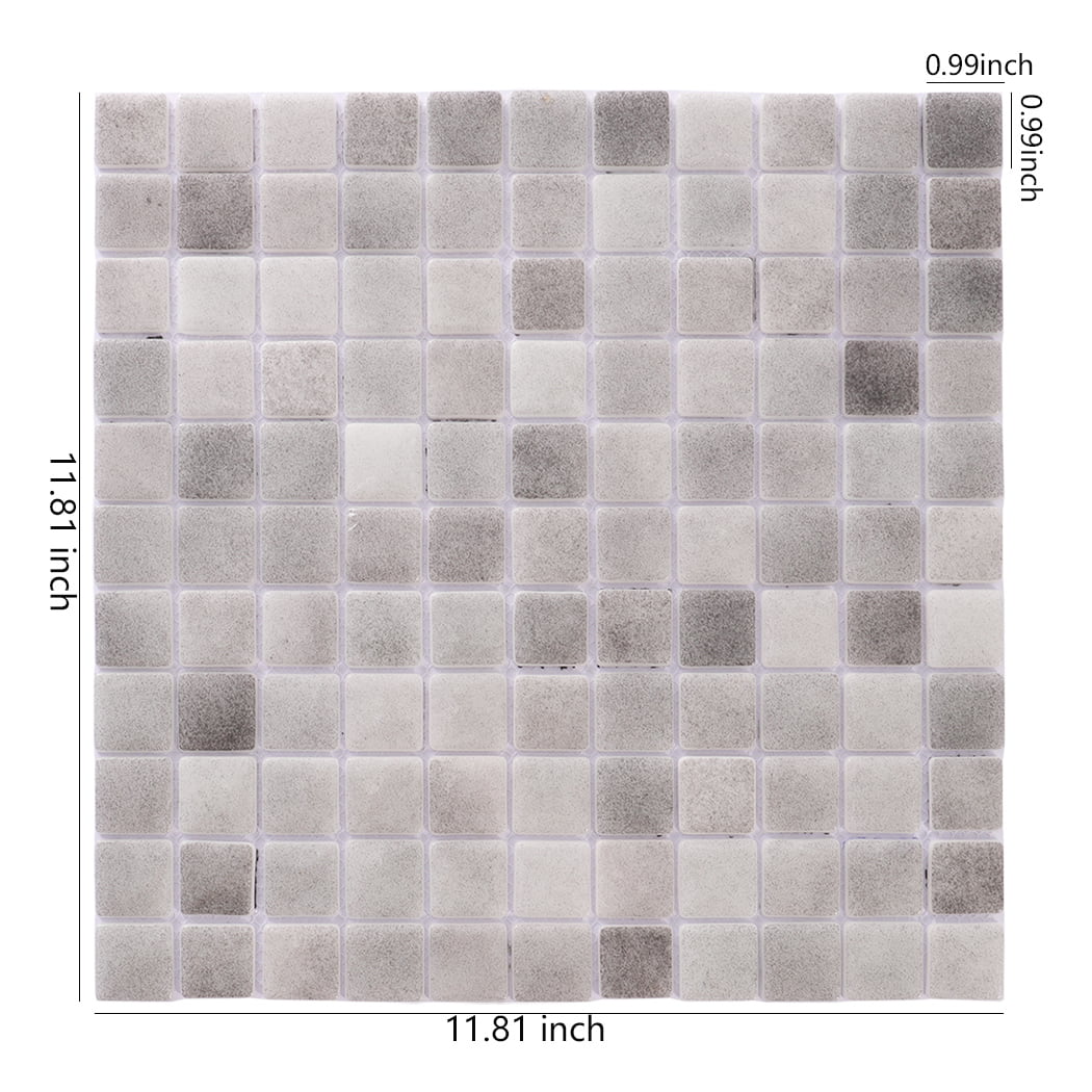 Grey recycled glass mosaic tile sheet shown with size measurements