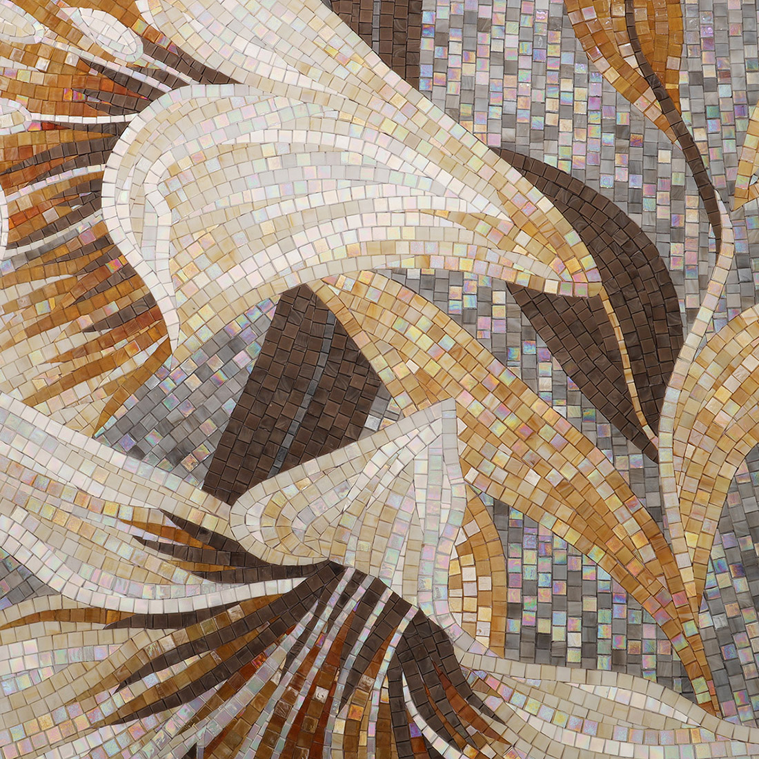 Handmade lily flower glass mosaic mural with white petals and warm gold accents