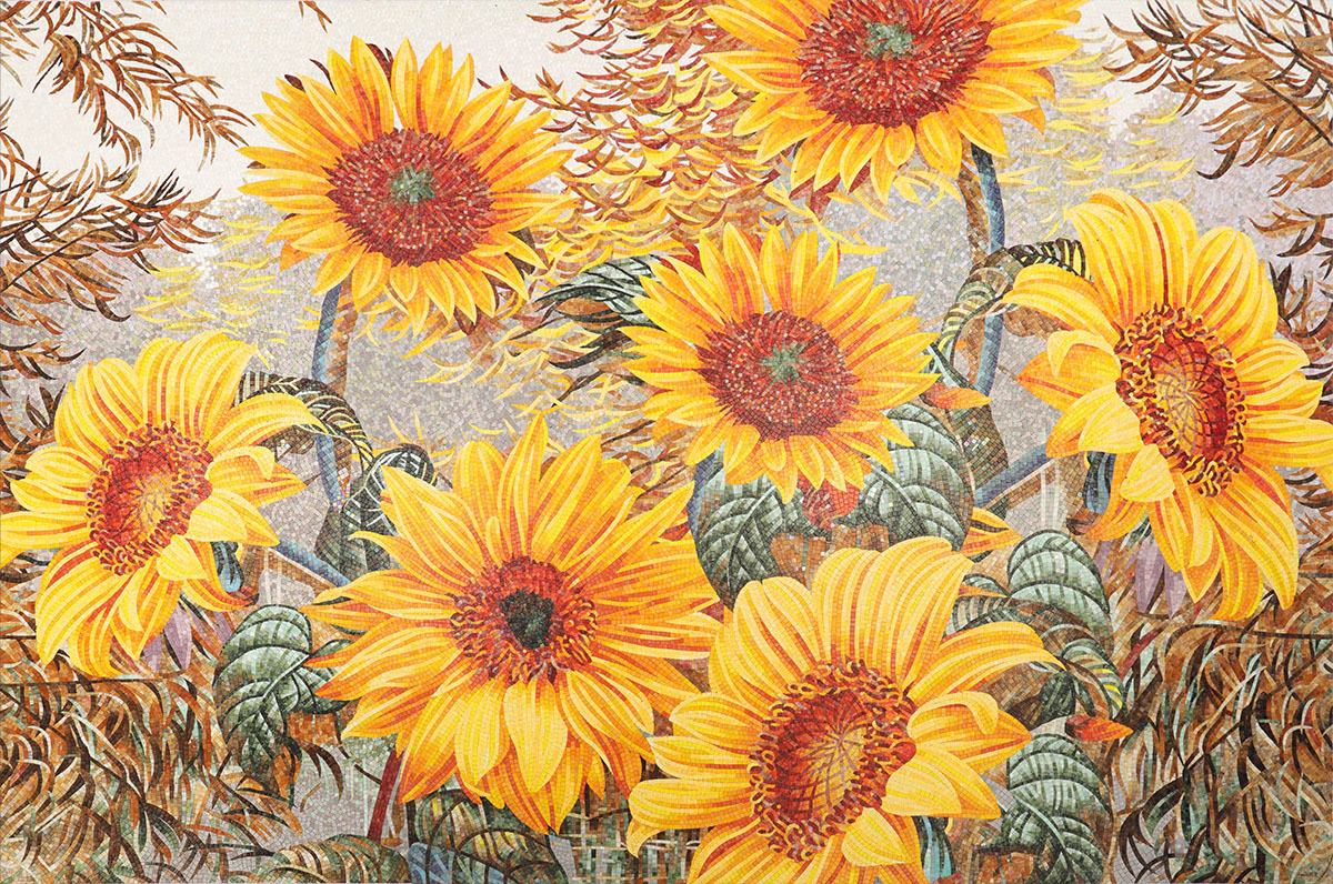 Handmade glass mosaic mural with golden sunflowers and layered botanical leaves