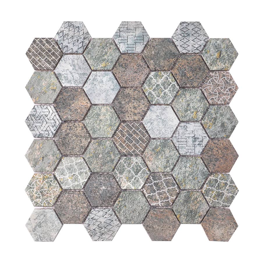 Front view of hexagonal aluminum mosaic tiles featuring rustic mixed textures and engraved patterns.