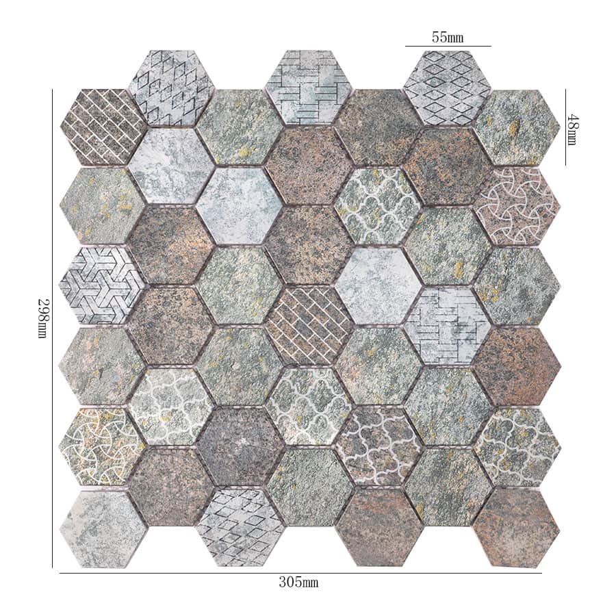 Hexagon aluminum mosaic tile sheet with 305x298mm size and mixed patterns in natural stone textures.