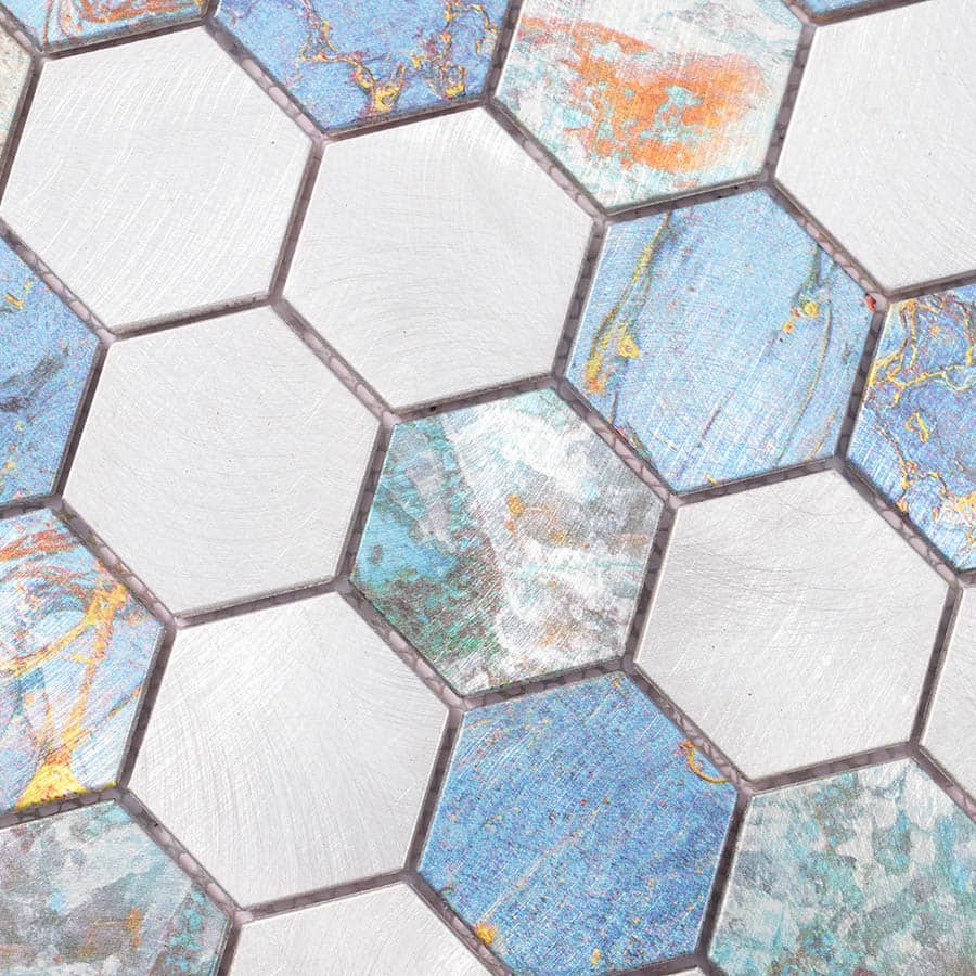 Macro surface view of hexagon mosaic tiles with iridescent oxidized blue and brushed silver finish.